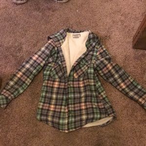 Fuzzy layered flannel jacket